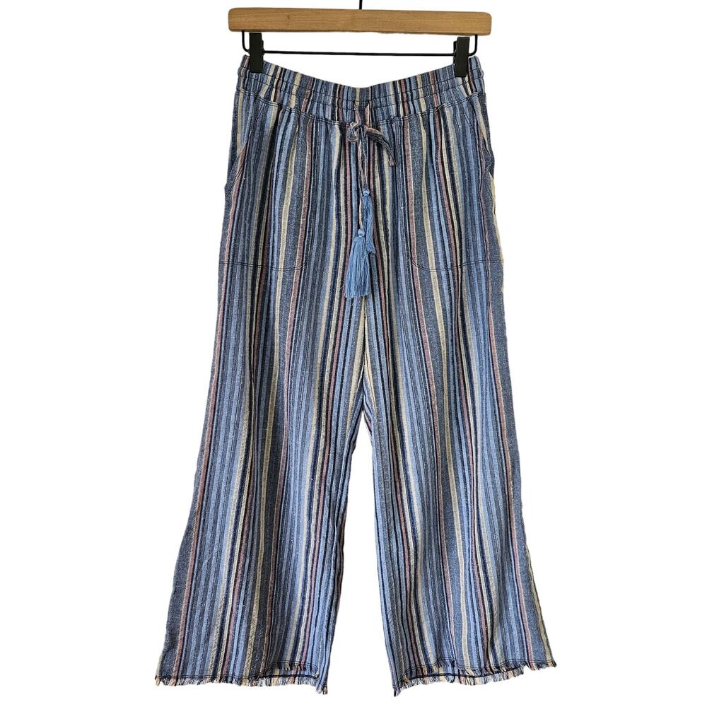 Mododoc Wide Leg Ankle Length Pull On Pants XS Blue Stripeā Raw Hem Lagenlook